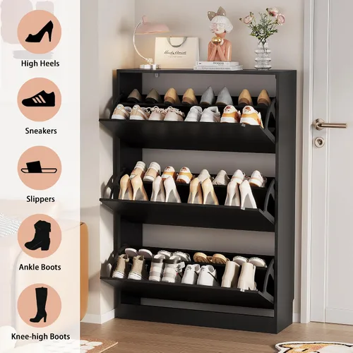 Miniatura 7 de Armario de almacenamiento de zapatos, organizador de zapatos de madera para entrada con 3 cajones abatibles, zapatero independiente con estante Negro