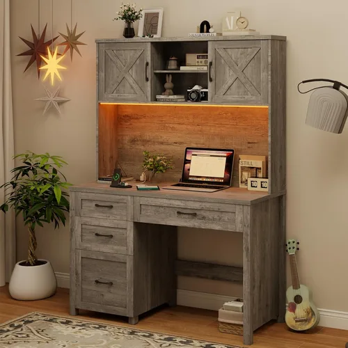 Miniatura 7 de Escritorio ejecutivo Farmhouse de 67" de altura con estante superior, escritorio de oficina con 4 cajones y luz LED, mesa de computadora con Gris