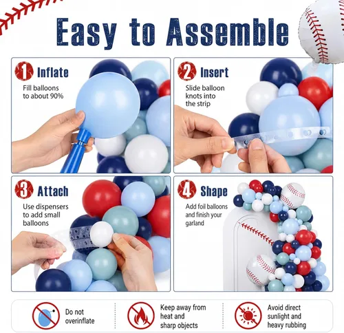 Miniatura 9 de FunHot Kit de guirnalda de arco de globos de béisbol, guirnalda de globos azul marino y rojo con globos blancos, globos de papel de aluminio