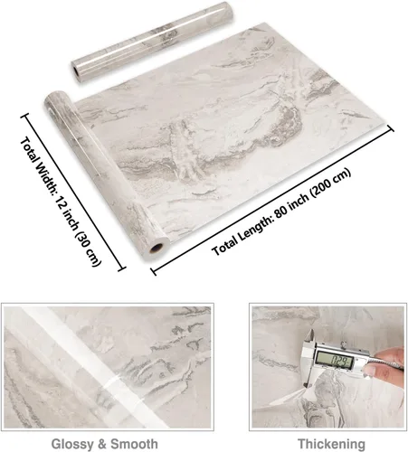 Miniatura 8 de CRE8TIVE Papel de contacto de mármol líquido beige plateado brillante de 12 x 80 pulgadas, encimeras de despegar y pegar, impermeable, autoadhesivo