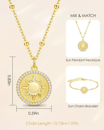 Miniatura 6 de CDE Collar con colgante de moneda de sol chapado en oro de 14 quilates para mujer plata de ley 925 con piedra natal de circonita cumpleaños