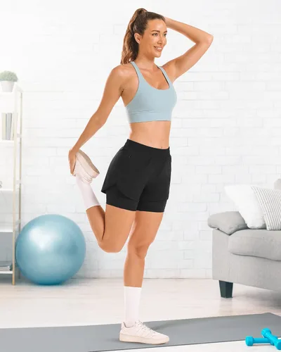 Miniatura 6 de Stelle Pantalones cortos de correr 2 en 1 para mujer, pantalones cortos deportivos de cintura alta, pantalones cortos de entrenamiento con forro