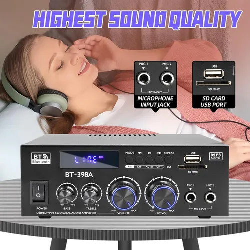 Miniatura 6 de Joengoep BT-398A Amplificador de Audio Estéreo, Receptor para Altavoces Max 900W, Receptor Estéreo de 2.0 Canales con Radio FM, Entradas USB/SD/AUX