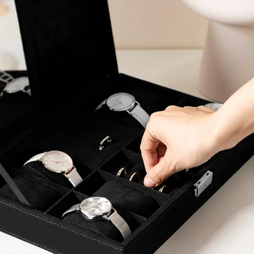 Miniatura 5 de Oyydecor Joyero organizador de caja de reloj con 8 ranuras para almacenamiento de relojes, estuche organizador de joyas con espejo (negro)