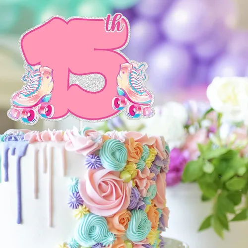 Miniatura 3 de Patines de ruedas con purpurina rosa para decoración de tartas para niños y niñas de 15 años, suministros de decoración de fiesta de cumpleaños