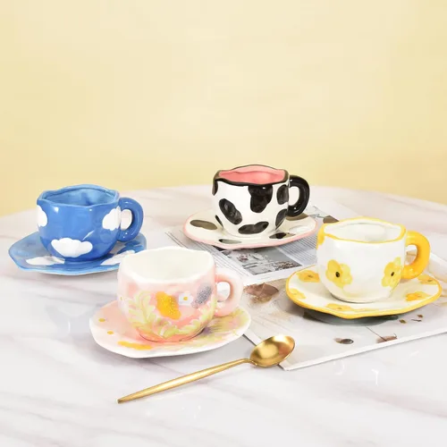 Miniatura 6 de Koythin - Taza de café de cerámica con platillo, taza única y bonita hecha a mano para mujeres para oficina y hogar, apta para lavavajillas y Cielo