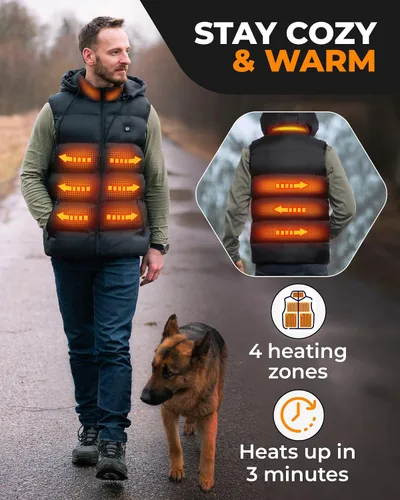 Miniatura 2 de Foxelli Chaleco calefactado para hombre, chaleco ligero recargable por USB, con batería incluida, Negro