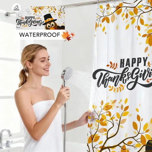 Miniatura 5 de Mocsicka Cortina de ducha de Acción de Gracias, diseño de pavo y hojas de otoño, cortina de ducha de baño, cortina de baño de 72 x 72 pulgadas