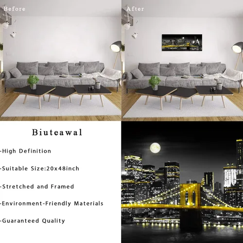 Miniatura 6 de Biuteawal Impresión en lienzo amarillo en blanco y negro de la ciudad de Nueva York, puente de Brooklyn en la noche de la luna, pintura fotográfica