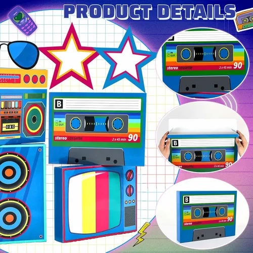 Miniatura 3 de Weekgrat Juego de 7 piezas de decoraciones de fiesta de los años 80 y 90 en 3D, juego de recuerdos de hip hop, cajas de casete de papel para retro