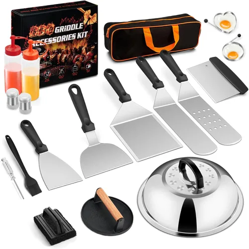 18 piezas de kit de accesorios para parrilla de Joyfair, juego de accesorios para parrilla de parte superior plana con prensa para hamburguesas,