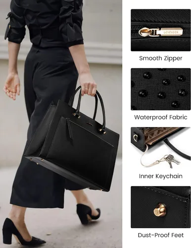 Miniatura 7 de LOVEVOOK Bolsa para laptop para mujer, bolsa de cuero de 15.6 pulgadas con soporte para tazas y embrague desmontable, maletín profesional Negro