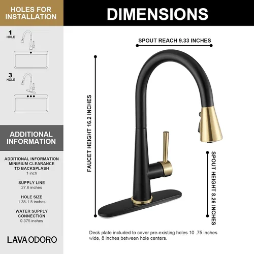 Miniatura 6 de Lava Odoro - Grifo de cocina con rociador extraíble, grifo de fregadero de cocina negro mate y dorado cepillado, grifo negro y latón para fregadero