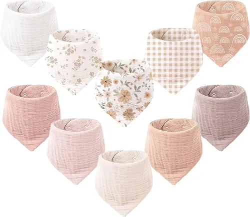 Miniatura 16 de Konssy Baberos de muselina para bebé, paquete de 10 baberos bandana para bebé, 100% algodón, unisex para niños y niñas Amarillo