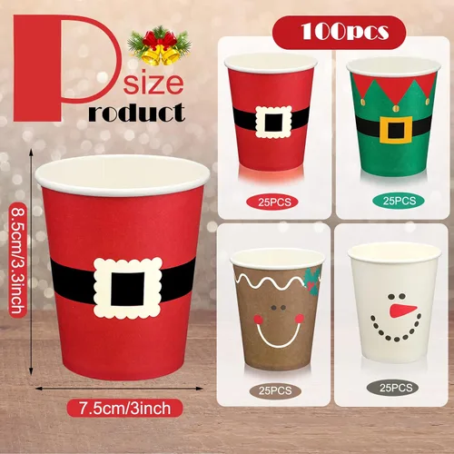 Miniatura 3 de Funtery 100 piezas de vasos de papel de Navidad, vasos de café desechables de Navidad con copos de nieve, muñeco de nieve, alce, luces, 9 onzas