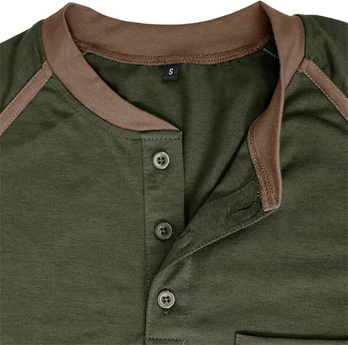 Miniatura 4 de Camisas de manga larga Henley para hombre, con botones clásicos, vintage, con bolsillo en el pecho