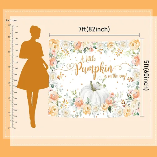Miniatura 3 de Mocsicka Telón de fondo de calabaza otoñal para baby shower, decoración de fiesta de otoño con texto en inglés "A Little Pumpkin is on The Way