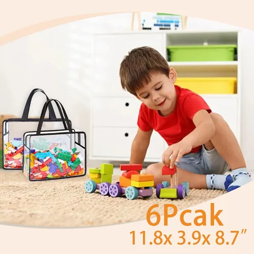 Miniatura 2 de Paquete de 6 bolsas grandes de almacenamiento de juguetes, organizador transparente reutilizable con cremallera para bloques de construcción
