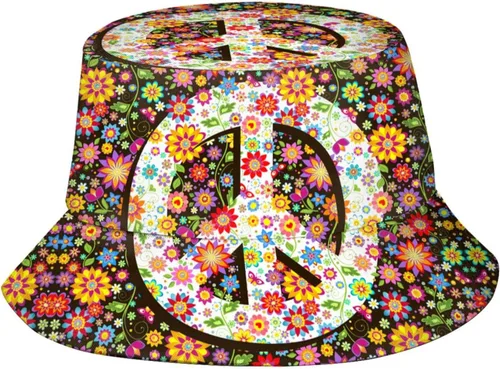 Sombrero de pescador plegable para el sol y la playa, para mujeres y hombres, senderismo al aire libre, Flor hippie 60s 70s moda paz