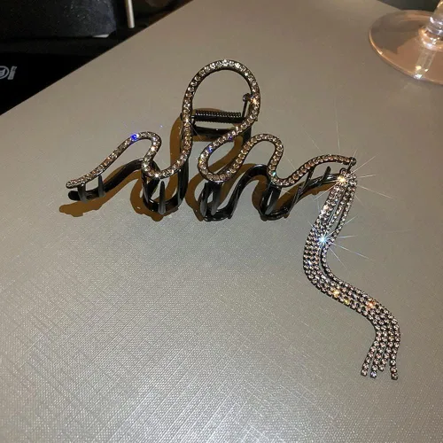 Miniatura 5 de Jumwrit Pinza para el cabello, pinza de pelo grande con diamantes de imitación, pinza de metal de sujeción fuerte con cadena larga de borlas, pinza