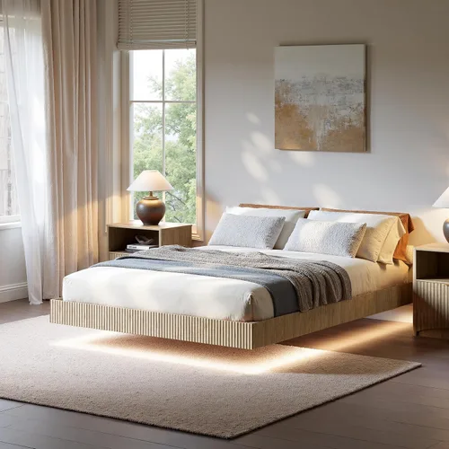 Evermagin - Estructura de cama flotante Queen de roble con luces LED, cama flotante Bohemia estilizada sin cabecera, estructura de cama flotante de