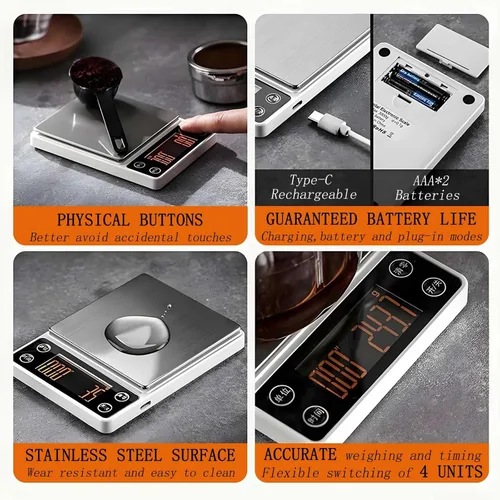 Miniatura 4 de Báscula de café expreso con temporizador de precisión de 6.6 lbs/0.00 oz Escala de grano de café digital portátil recargable auto tara inteligente