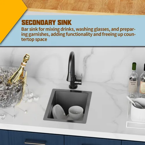 Miniatura 4 de Fregadero de cocina y bar negro de 12 x 16 pulgadas, pequeño tazón de acero inoxidable para montaje inferior, fregadero de cocina y bar, elección