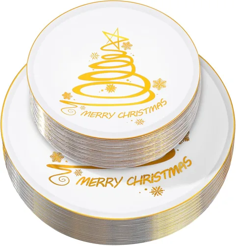 EBOOT 60 piezas de platos de Navidad, platos de plástico de árbol de Navidad redondos desechables para postre y cena, suministros para fiesta de