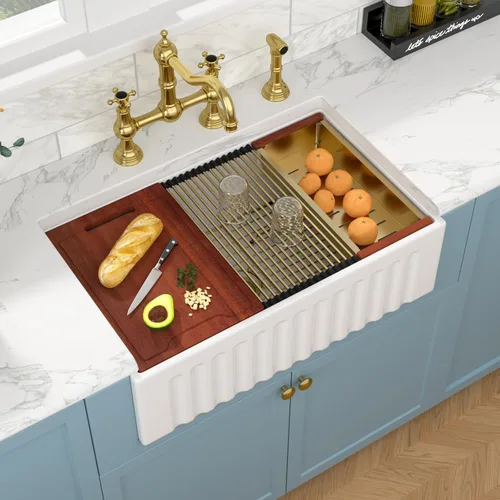 Miniatura 13 de Sarlai - Fregadero de cocina de granja blanco de 33 pulgadas, fregadero de 84 x 51 cm con delantal frontal de cerámica de porcelana vítrea