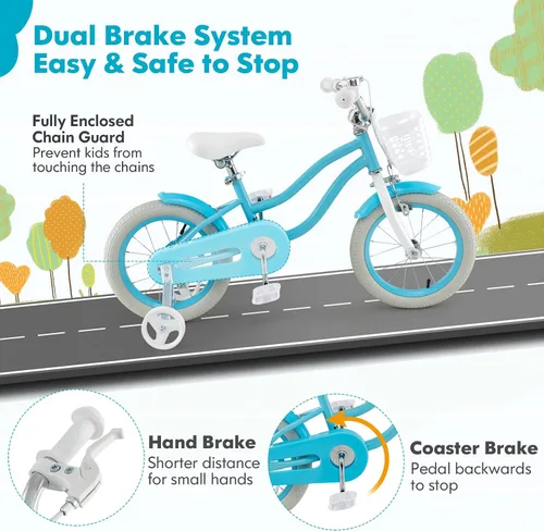 Miniatura 3 de COSTWAY Bicicleta para niños de 12, 14, 16, 18 pulgadas, bicicleta para niños con ruedas de entrenamiento, frenos de mano y posavasos, sillín