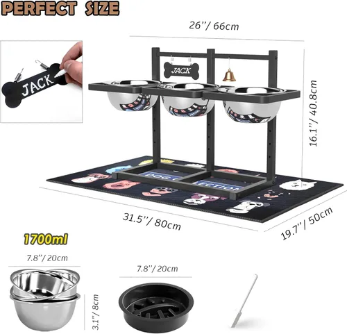 Miniatura 3 de Cuencos Elevados para Perros Grandes, Soporte Elevable Ajustable a 6 Alturas con Alfombrilla, Cuenco de Alimentación Lenta y Tres Cuencos de 1700ML