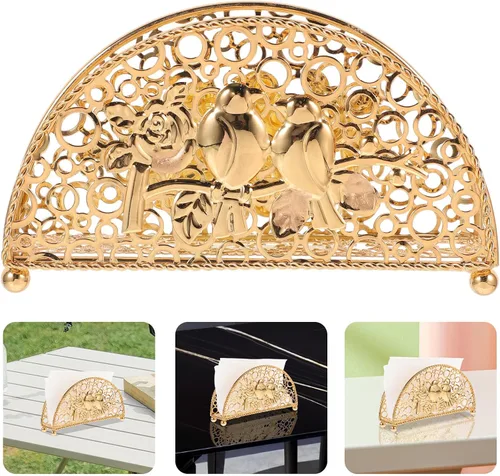 Miniatura 7 de Vertical Metal Napkin Holder for Countertop, Table Napkin Stand with Creative Fan-shaped Hollow Design, Gold Rustic Kitchen Tissue Dispenser for