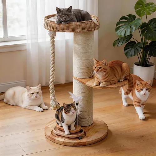 Miniatura 8 de Árbol moderno para gatos grandes, torre para gatos de madera maciza con poste rascador extragrueso, torre de gato de pie para gatos