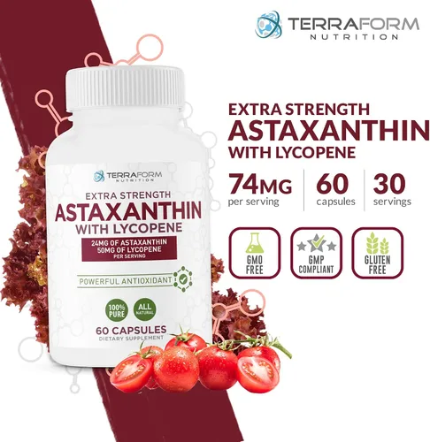 Miniatura 2 de TerraForm Nutrition Suplemento de astaxantina de 24 mg con licopeno 50 mg - Complejo antioxidante de doble espectro de dosis alta - Astaxantina