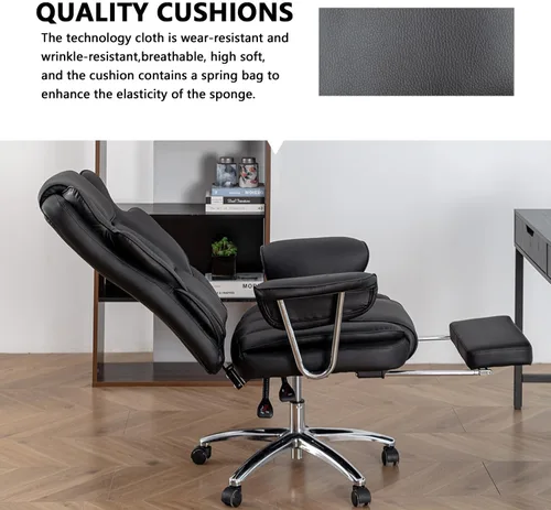 Miniatura 4 de Silla de oficina de piel sintética totalmente reclinable y cómoda silla de oficina grande y alta, 500 libras con reposapiés, ruedas y brazos Negro