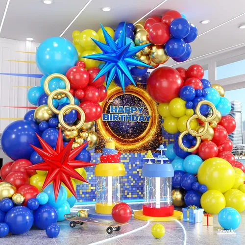 Miniatura 10 de Kit de guirnalda de globos de baloncesto, globos metálicos naranjas, negros y plateados con globos de papel de aluminio de baloncesto para Rojo Azul