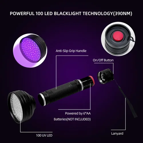 Miniatura 2 de Linterna UV de luz negra, 100 LED (390 nm), detector portátil de orina de mascotas para orina de perro/gato, manchas secas, chinches, batería