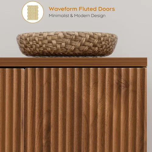 Miniatura 4 de Yechen Armario de buffet acanalado con acento de nogal con almacenamiento y 4 puertas, armario de almacenamiento Mordern Credenza con estantes