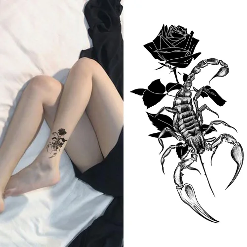 Miniatura 6 de Juego de 2 calcomanías pequeñas de tatuaje temporal – Diseño de tótem de escorpión negro aterrador de Halloween para mano, cuello, cara, muñeca