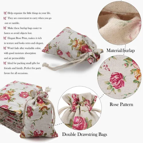 Miniatura 4 de Paquete de 24 bolsas de arpillera con doble cordón de color rosa, bolsa de arpillera de regalo, bolsas de lino reutilizables, bolsas de joyería