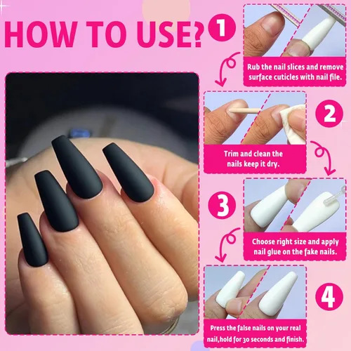 Miniatura 4 de AddFavor 120 uñas postizas negras a presión largas con pegamento y pestañas adhesivas, uñas acrílicas mate de cobertura completa para mujeres y niñas