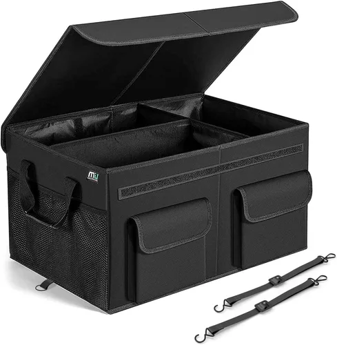 MIU COLOR Organizador de maletero de automóvil con tapa, organizador de almacenamiento plegable con asas de cuero reforzadas, parte inferior negro