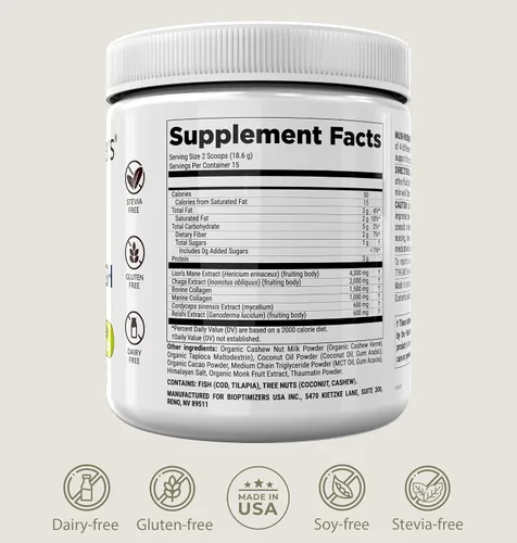 Miniatura 7 de BIOptimizers Café de Setas Alternativo – Bebida de Chocolate – Mane de León, Chaga, Reishi + Péptidos de Colágeno para Enfoque, Energía y Salud
