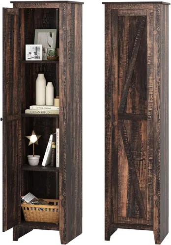 Miniatura 11 de Giantex Gabinete de Almacenamiento Alto Independiente Torre de Almacenamiento de Piso con Cuatro Estantes y Una Sola Puerta, Gabinete Estrecho