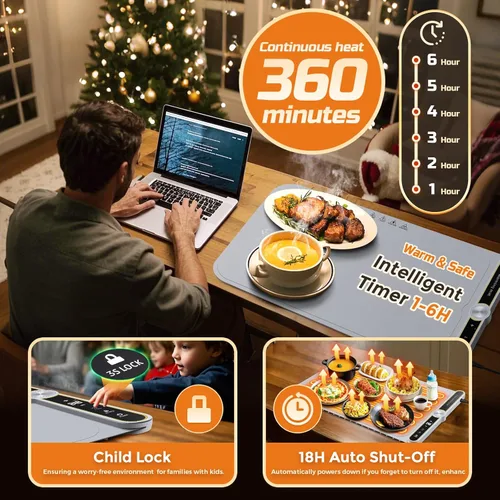 Miniatura 4 de Tapete de calentamiento para alimentos – Bandeja de calentamiento eléctrica extragrande de 32"x15" calienta 8 platos, 9 temperaturas ajustables