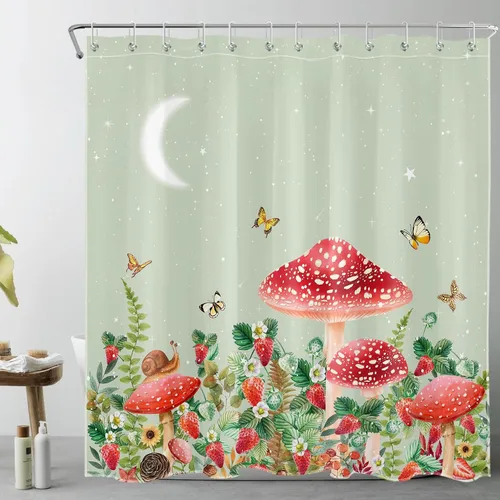 Cortina de ducha con diseño de hongos y rana, planta verde salvia y mariposa de fresa sobre verde, cortina de ducha con ganchos, juego de cortinas