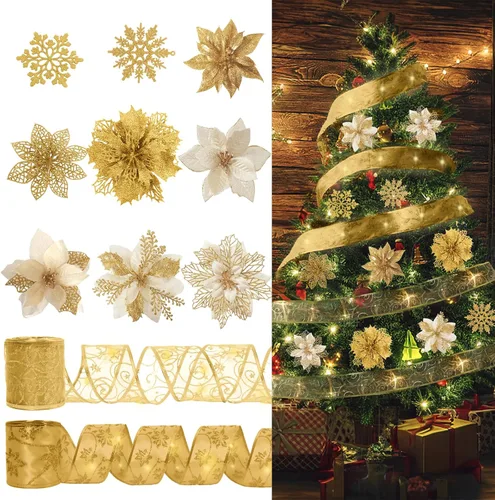 RECUTMS 72 flores de Pascua con copos de nieve y cinta, 9 diseños de flores artificiales doradas con purpurina para árbol de Navidad y decoración de