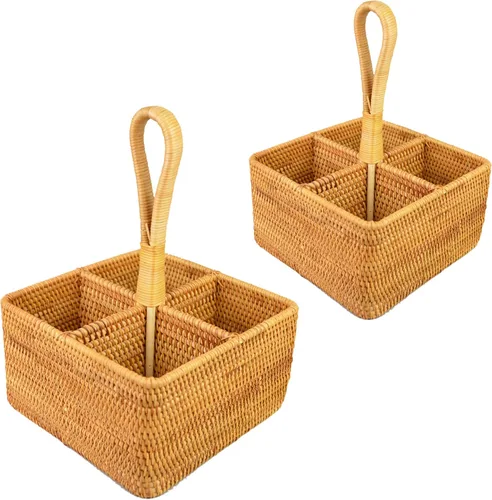 i-lan Juego de 2 organizadores de utensilios de ratán con asa (7 pulgadas), soporte de mimbre tejido de 4 secciones para bolsas de té y condimentos,