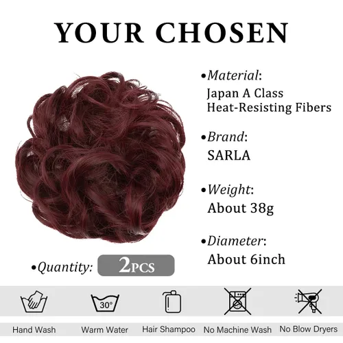 Miniatura 3 de SARLA 2 piezas de cabello desordenado color burdeos, onduladas, rizadas, sintéticas, coleteros falsos, extensiones de cola de caballo para mujeres