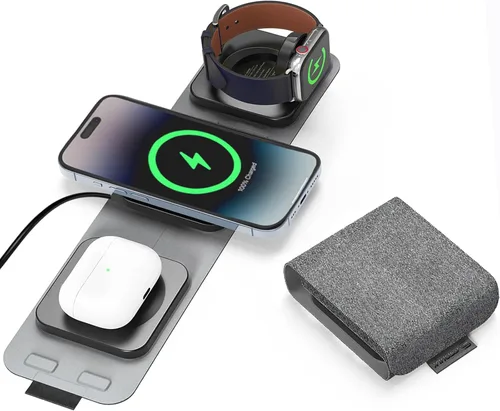 Cargador de viaje inalámbrico 3 en 1 para iPhone, Airpods, Apple Watch - 15 W, 5 W, 2.5 W, para reloj de teléfono inteligente, compacto, plegable,